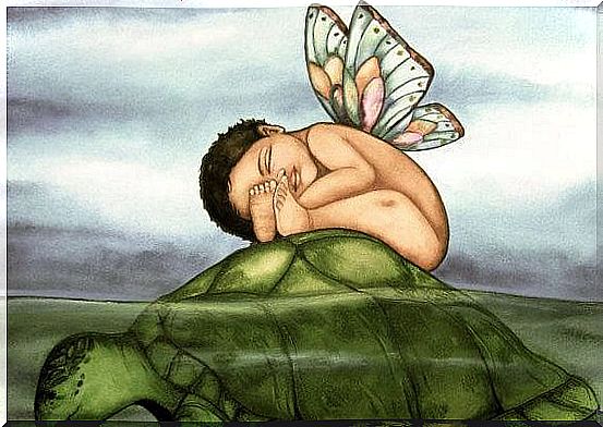 Baby with wings on a turtle