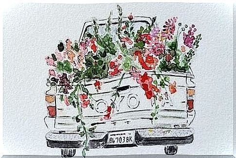 A drawing of a car full of flowers