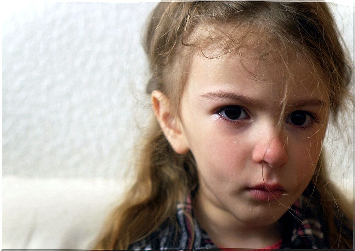 Sad girl crying and showing anxiety in children.