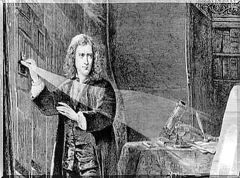 An illustration by Isaac Newton experimenting with light.