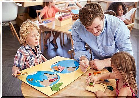 Children learn through the Montessori method.