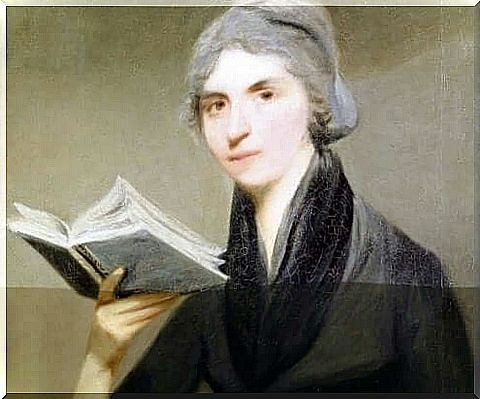 A portrait showing Mary Wollstonecraft with a book in hand.