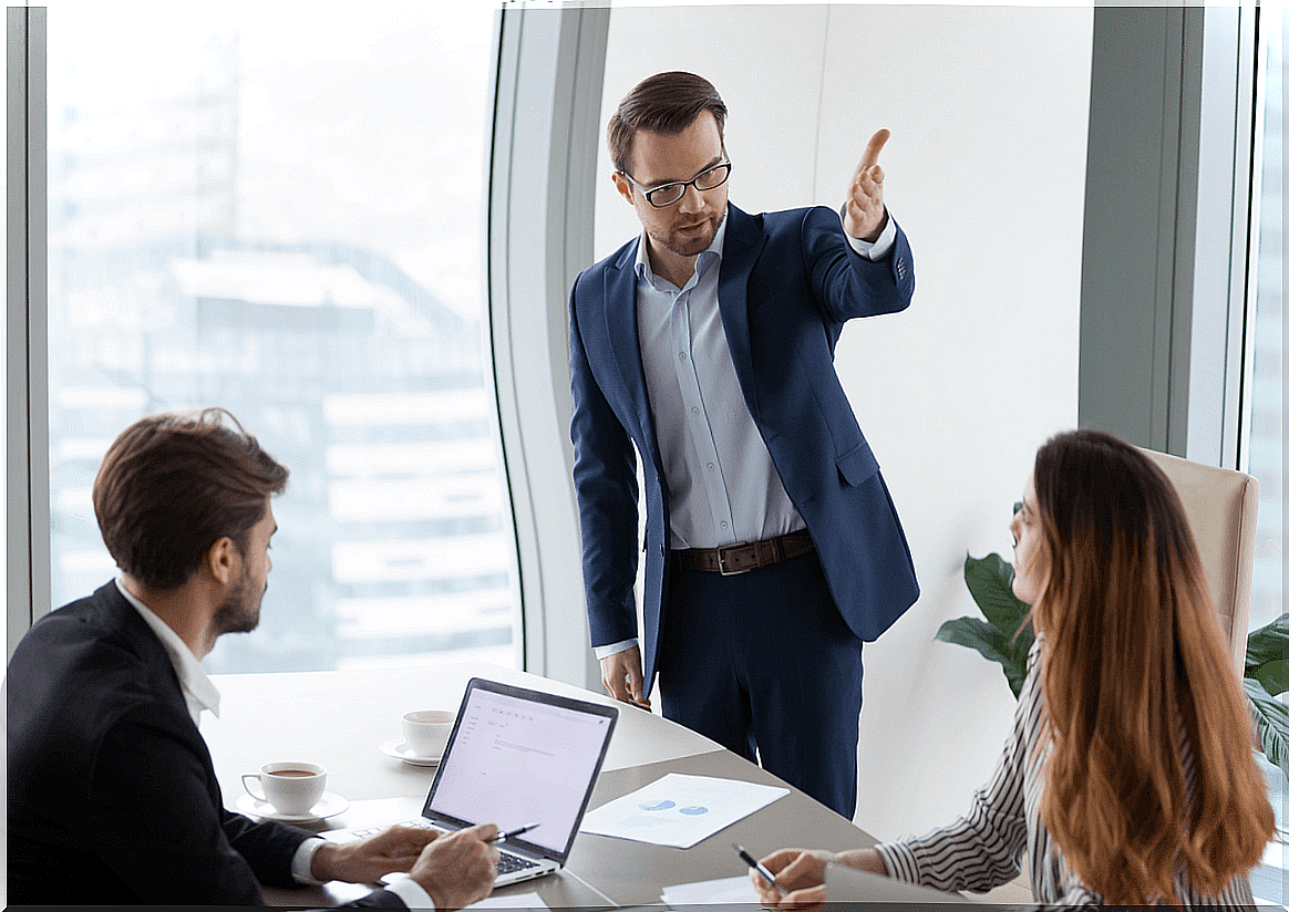 Boss angry at employees and shows that power destroys.