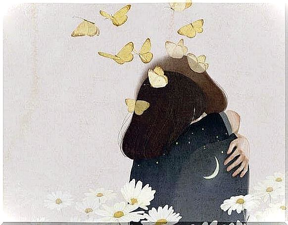 A pair of hugs with butterflies flying out of them.